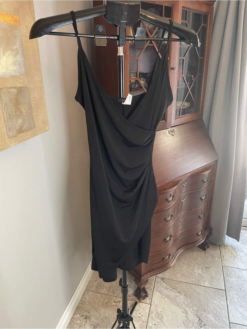 First Love Black Draped Faux Wrap Slip Mini Dress With Spaghetti Straps